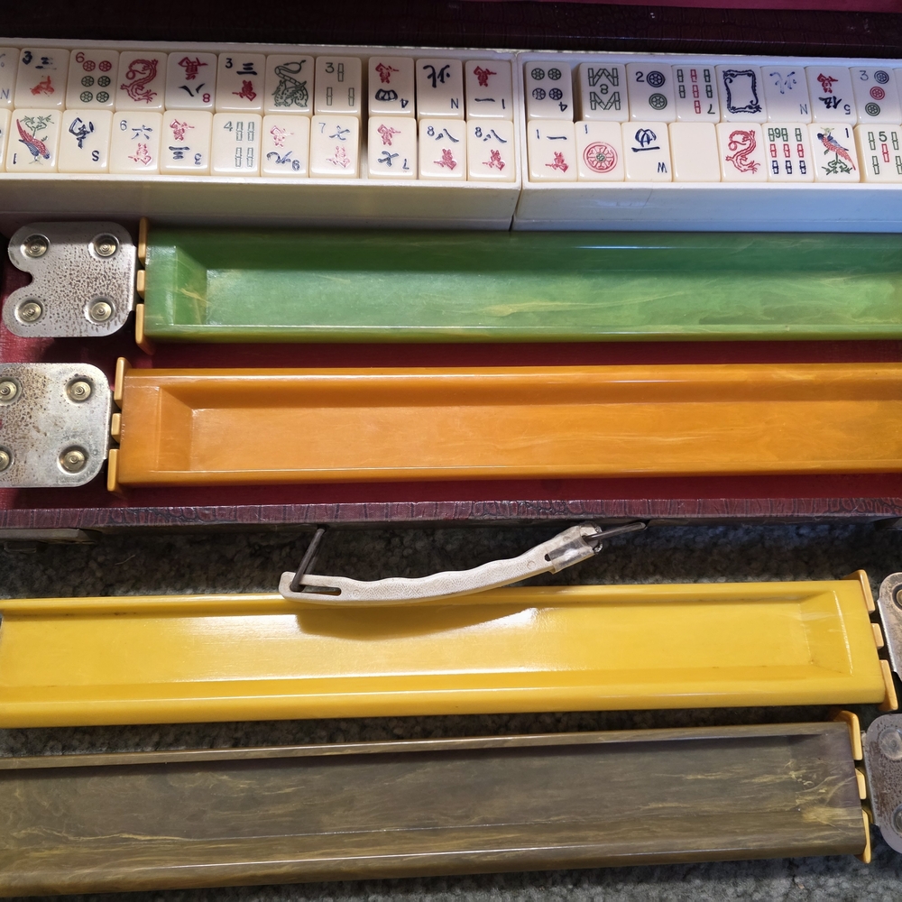 Majong 1950 Bakelite Colorful Mahjong Set with Racks